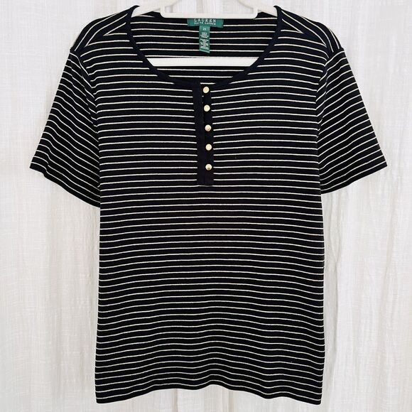 Lauren Ralph Lauren Black & Gold Metallic Striped Short Sleeve Blouse - Plus 2X - Picture 1 of 7